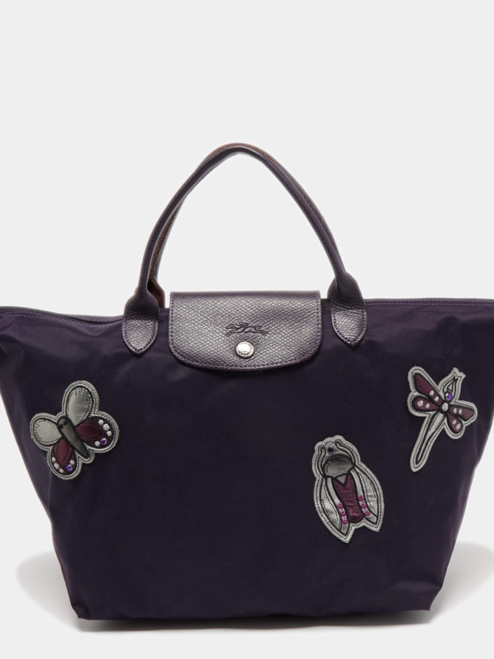 Longchamp Purple Le Pliage Embroidered Patch Tote
